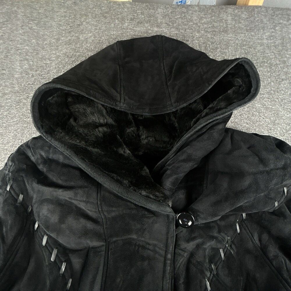 Gallery Genuine Suede Leather Coat Womens Sz M Black Faux Fur Lining & Trim Warm - Picture 6 of 12